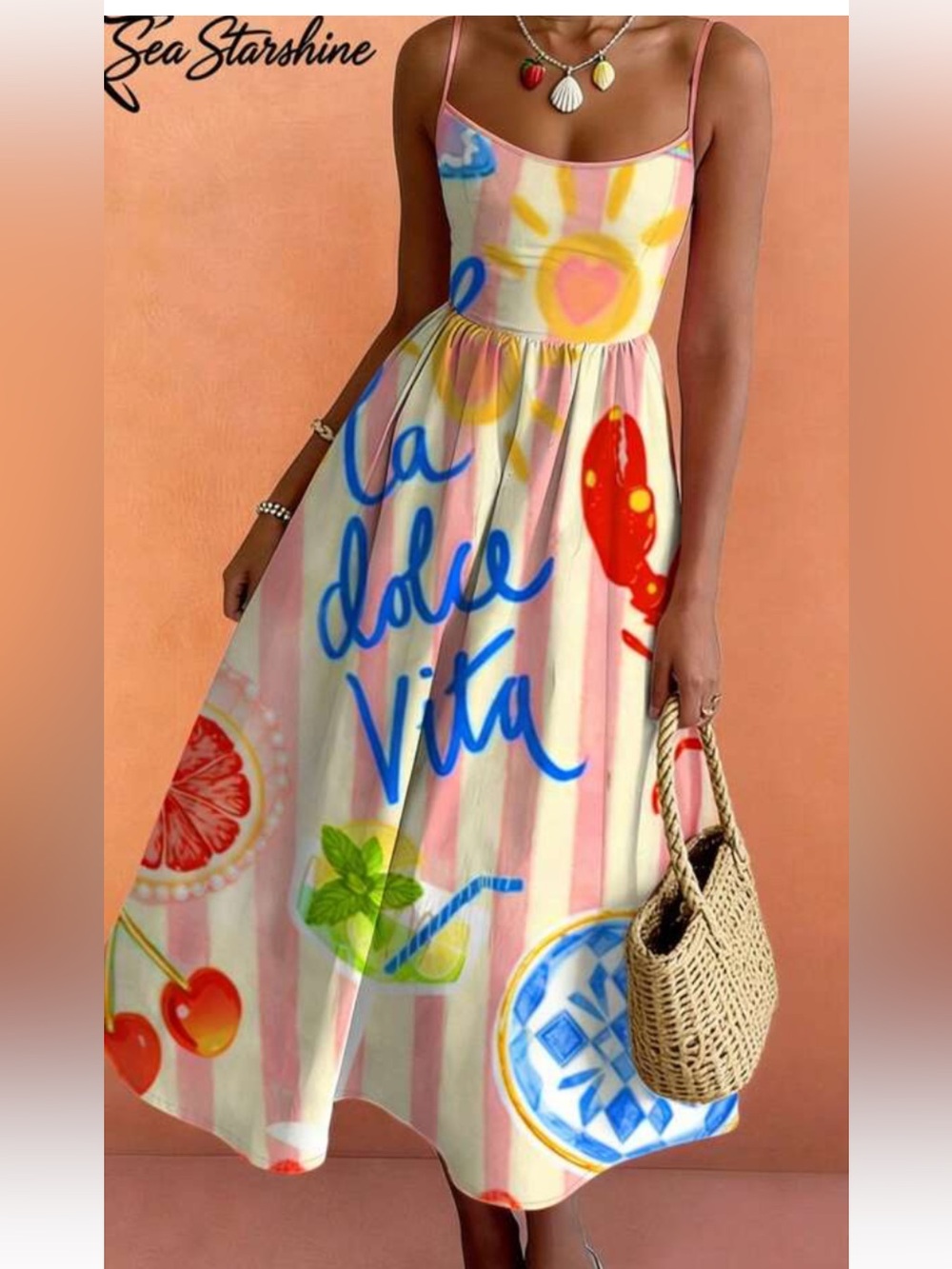 Nice To Meet You La Dolce Vita Pink Striped Lobster Summer Midi Dress Sz L NWOT